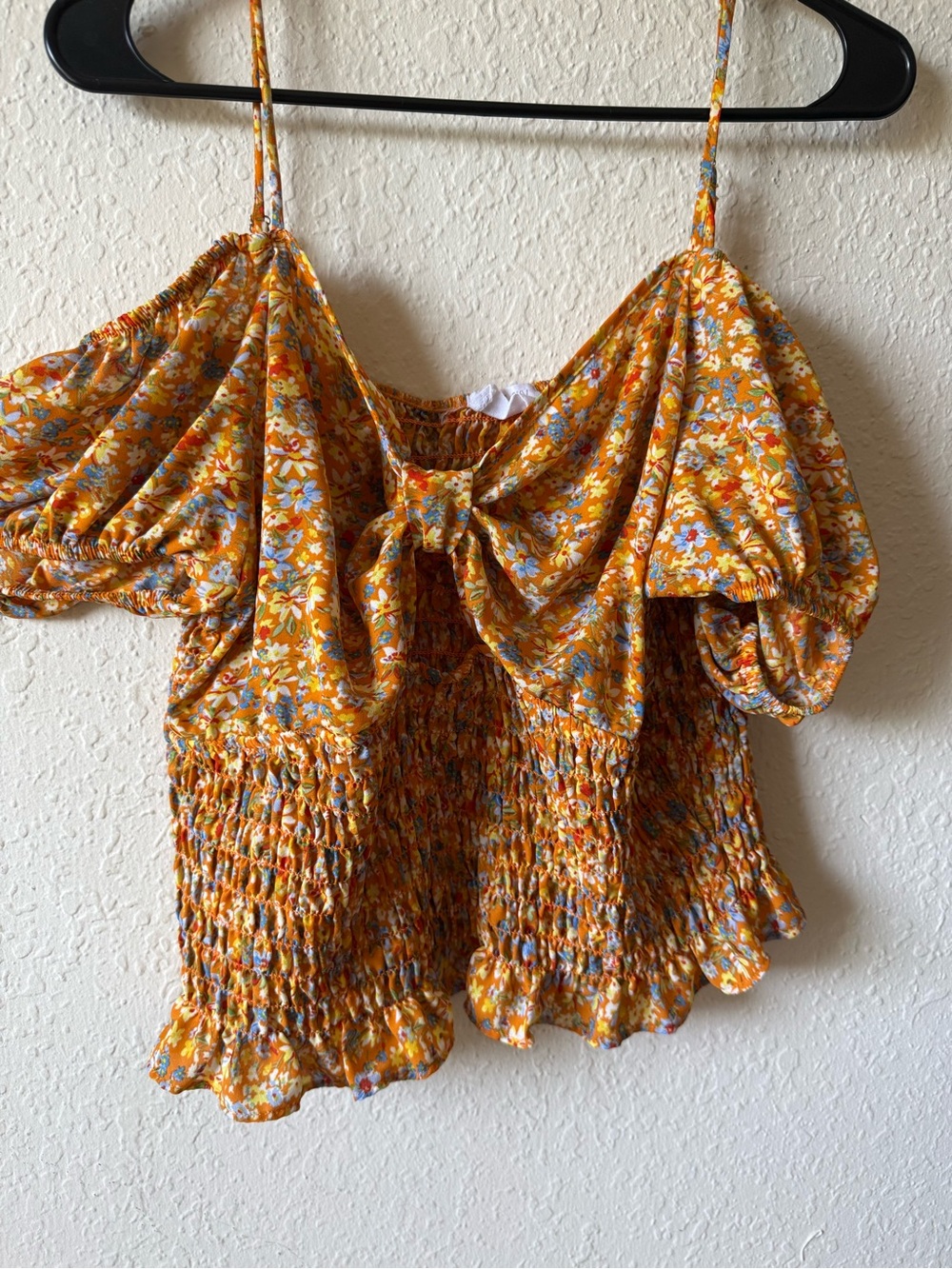 Sienna Sky Mustard Floral Smocked Off-Shoulder Tie Crop Top